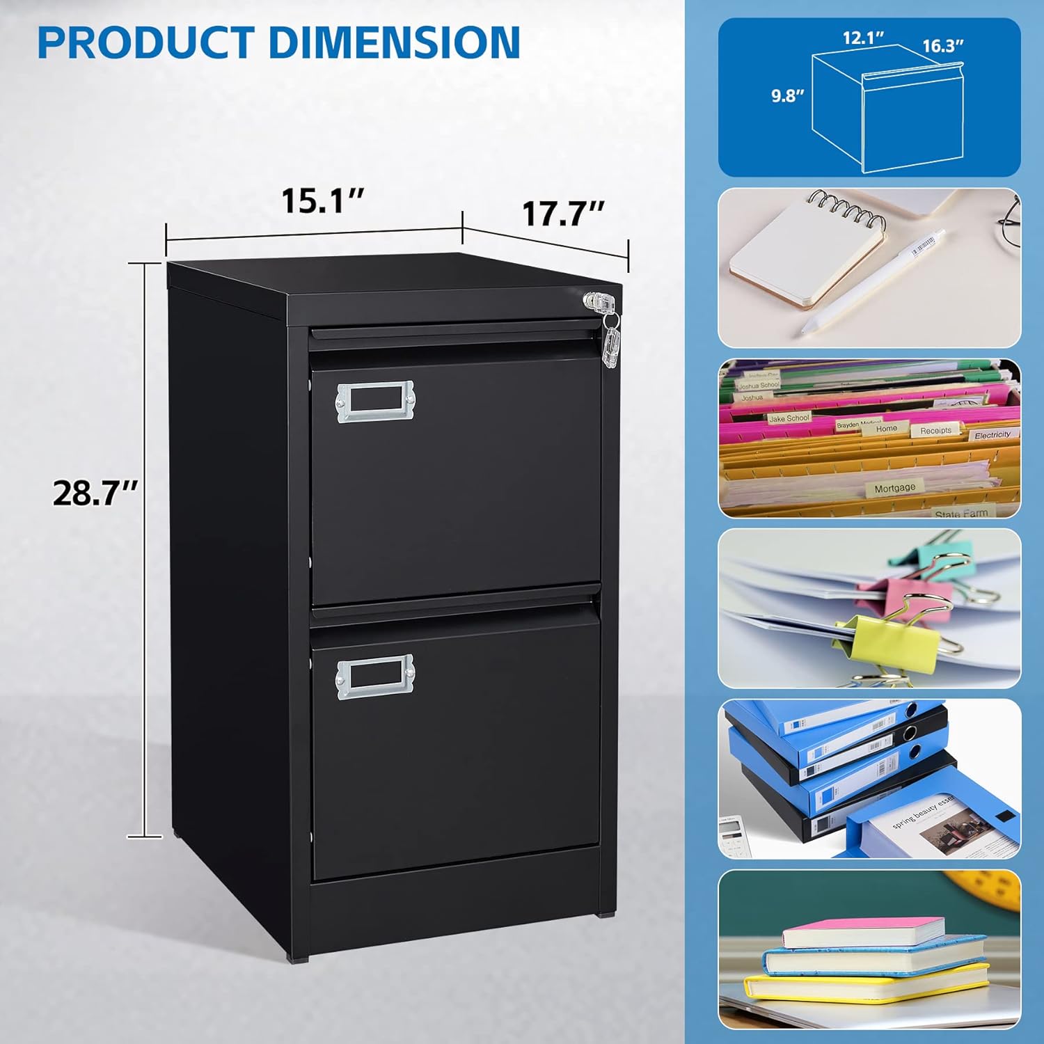 2 Drawer File Cabinet with Lock Metal Vertical Filing Storage Cabinet Office Home Steel Vertical File Cabinets for A4 Legal/Letter Size Narrow File Cabinet Locked,Assembly Required - Image 3