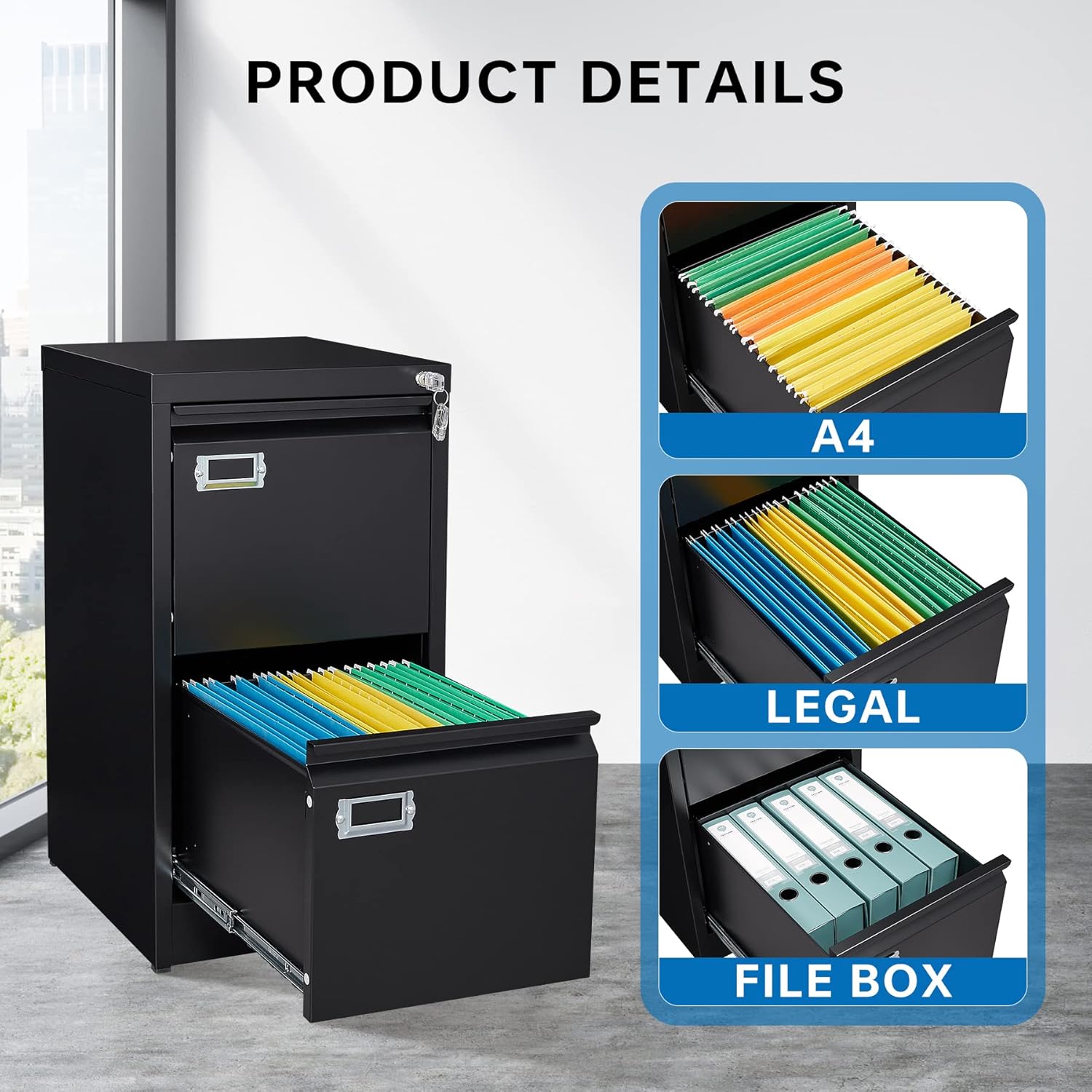 2 Drawer File Cabinet with Lock Metal Vertical Filing Storage Cabinet Office Home Steel Vertical File Cabinets for A4 Legal/Letter Size Narrow File Cabinet Locked,Assembly Required - Image 7