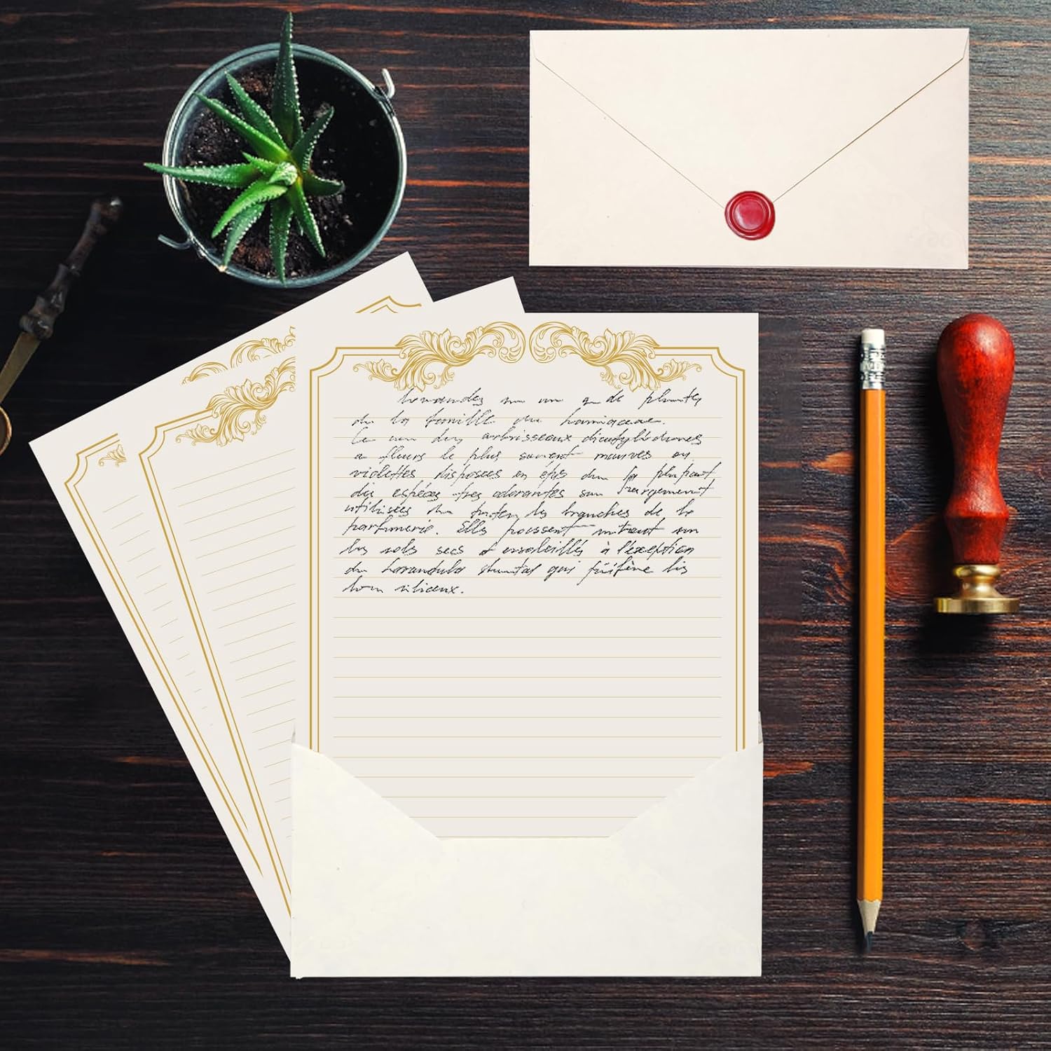90 Pieces Stationery Set with Envelopes (60 Vintage-Style Paper Sheets + 30 Envelopes), Gold Border Letter Writing Paper and Envelopes for Love Letter, Party Invitations - Image 6