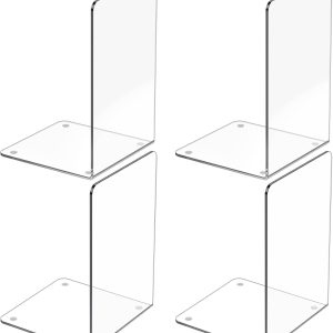 Acrylic Bookends 4 Pcs, Clear Book Ends for Shelves, Transparent Bookend Organizer, Book Holder Stand Decorative, Book Stoppers for Heavy Duty Books, CD, File, Video Games