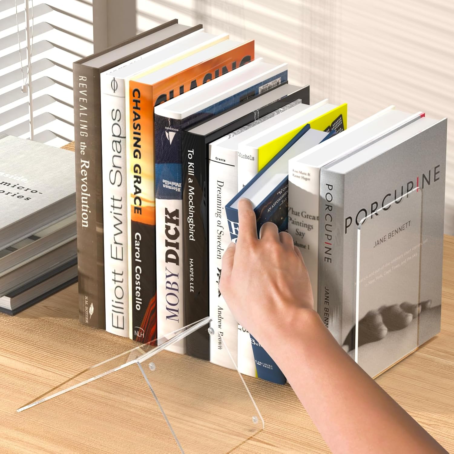 Acrylic Bookends 4 Pcs, Clear Book Ends for Shelves, Transparent Bookend Organizer, Book Holder Stand Decorative, Book Stoppers for Heavy Duty Books, CD, File, Video Games - Image 5