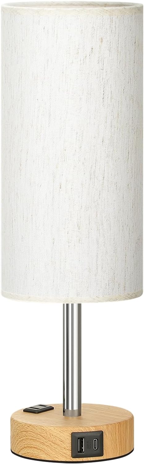 Bedside Table Lamp for Bedroom - 3 Way Dimmable Touch Lamp USB C Charging Ports and AC Outlet, Small Lamp Wood Base Round Flaxen Fabric Shade for Living Room, Desk, LED Bulb Included - Image 8