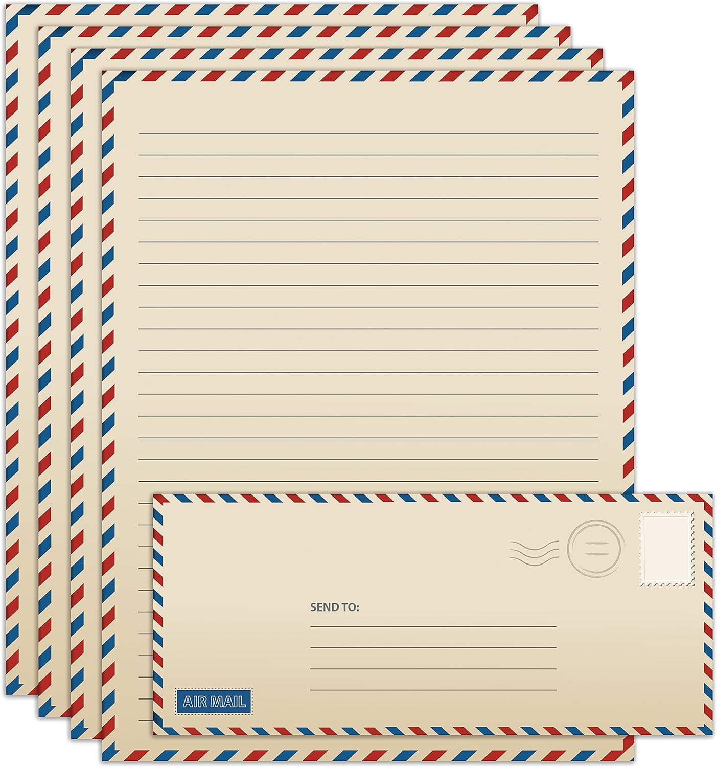 Better Office Products Vintage Airmail Stationery Paper Set, 100-Piece Set (50 Lined Sheets + 50 Matching Envelopes), Letter Size 8.5 x 11 inch, Double Sided & Lined Paper,