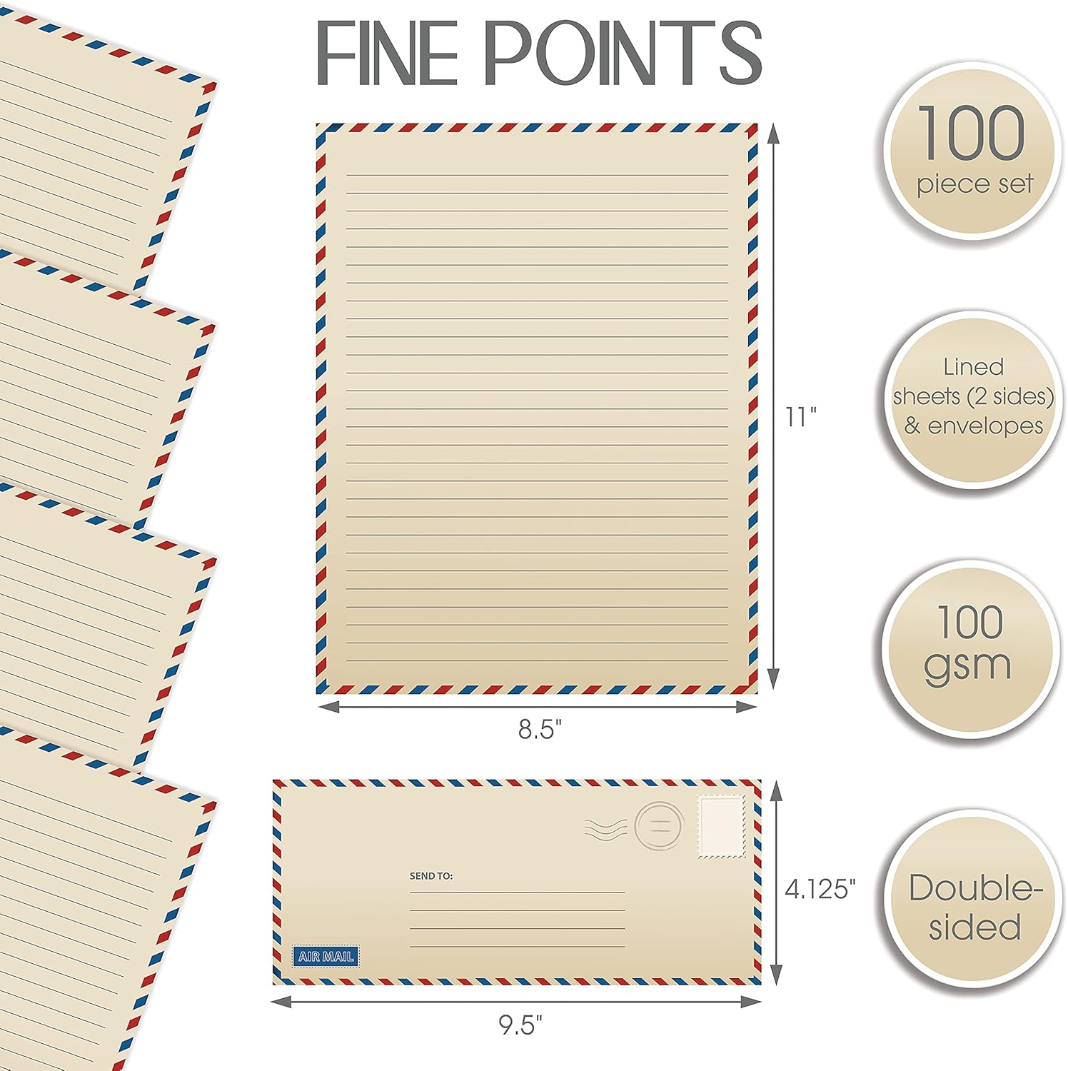 Better Office Products Vintage Airmail Stationery Paper Set, 100-Piece Set (50 Lined Sheets + 50 Matching Envelopes), Letter Size 8.5 x 11 inch, Double Sided & Lined Paper, - Image 2