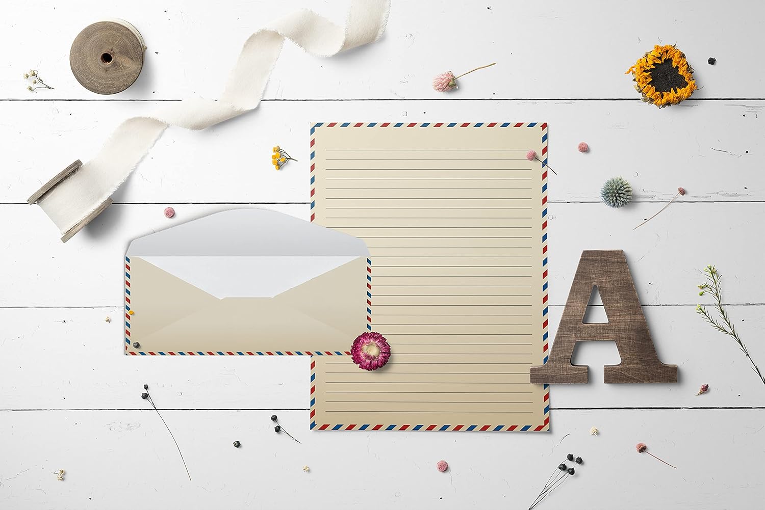 Better Office Products Vintage Airmail Stationery Paper Set, 100-Piece Set (50 Lined Sheets + 50 Matching Envelopes), Letter Size 8.5 x 11 inch, Double Sided & Lined Paper, - Image 5