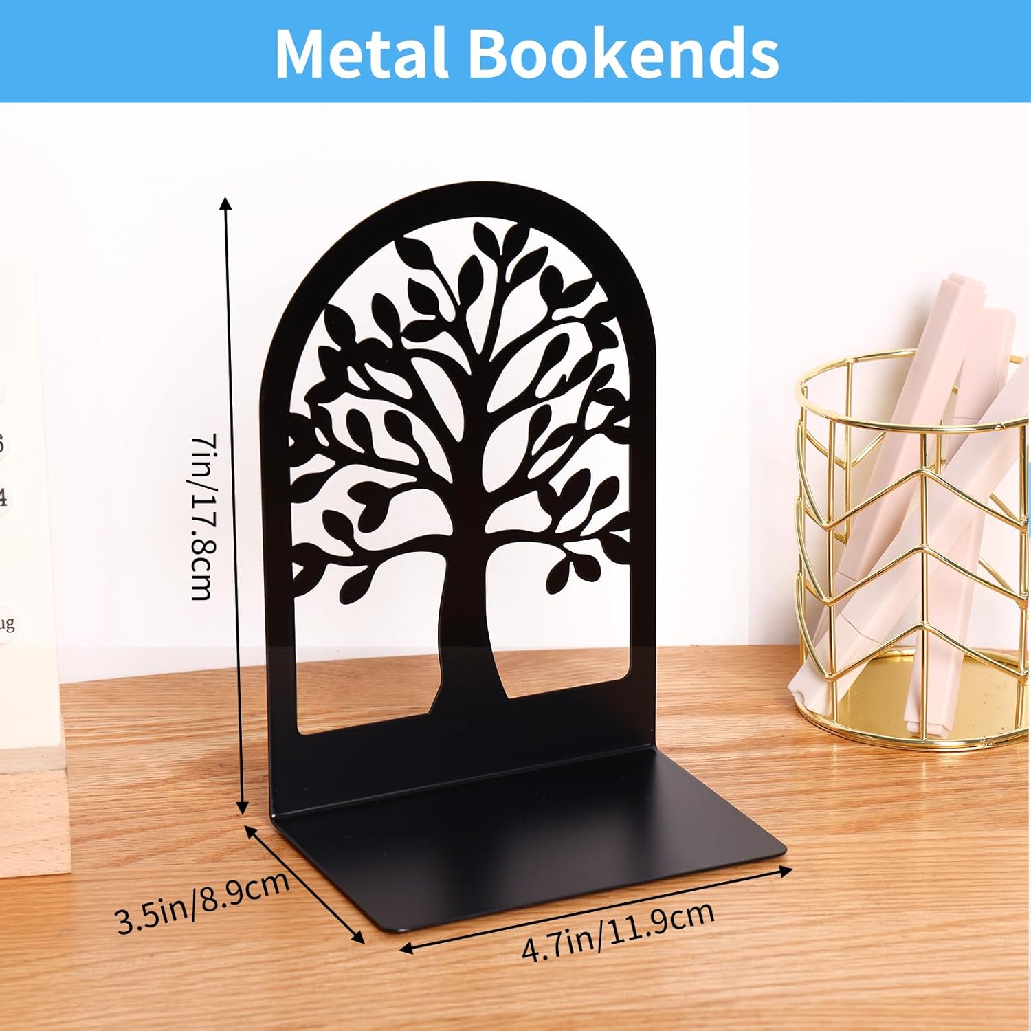 EOOUT Bookends for Shelves Decorative, 5 Pairs of Tree Bookends Supports, Black Metal Book Stoppers for Heavy Books, Heavy Duty Book Ends for Home Office School. - Image 2