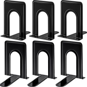 HappyHapi Bookends, Book Ends, Metal Bookend for Shelves, Non-Skid Book End to Hold Books, Black Book Stopper/Holder for Office Home Kitchen, 5.7X 4.9 X 6.5 in, 3 Pair(6 Pcs, Large)