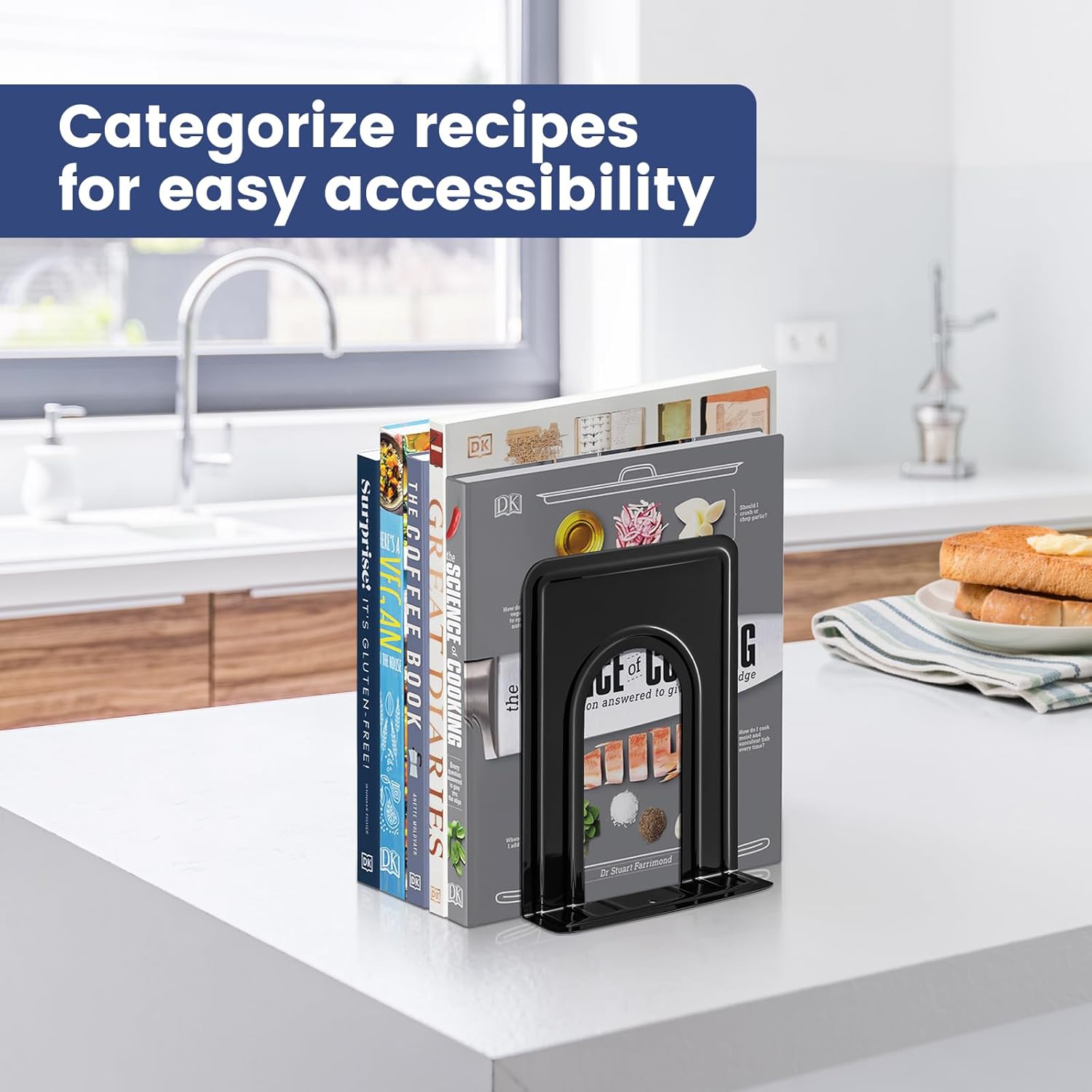 HappyHapi Bookends, Book Ends, Metal Bookend for Shelves, Non-Skid Book End to Hold Books, Black Book Stopper/Holder for Office Home Kitchen, 5.7X 4.9 X 6.5 in, 3 Pair(6 Pcs, Large) - Image 7