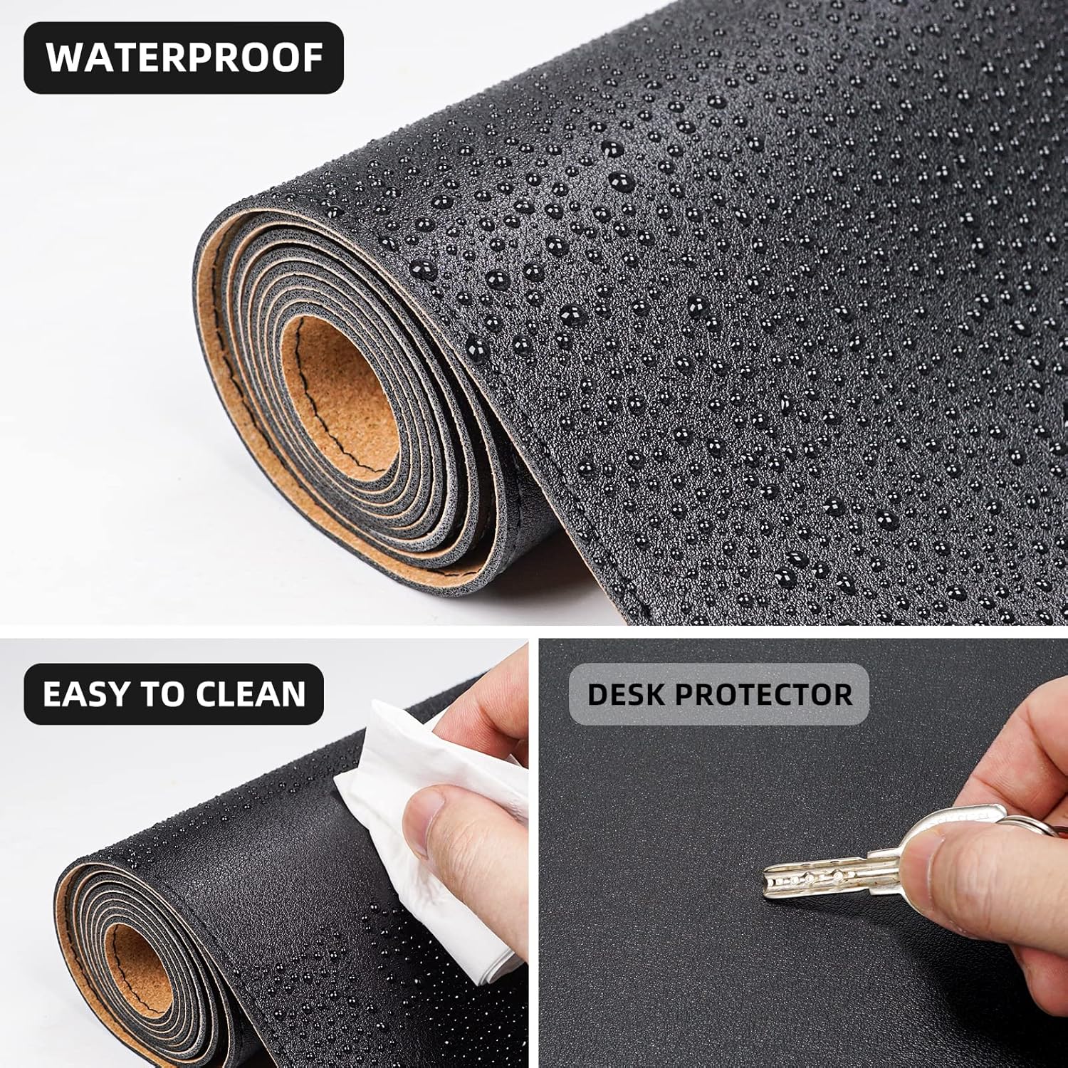Large Desk Mat 47.2" x 17" Leather Desk Pad Protector with Natural Cork & PU Leather, Non-Slip Office Desk Mat, Large Mouse Pad, Waterproof Desk Blotter pad for Office&Home(Black) - Image 4
