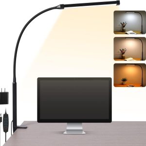 LED Desk lamp with Clamp, Eye-Caring Clip on Lights for Home Office, 3 Modes 10 Brightness, Long Flexible Gooseneck,Metal, Swing Arm Architect Task Table Lamps with USB Adapter, Black