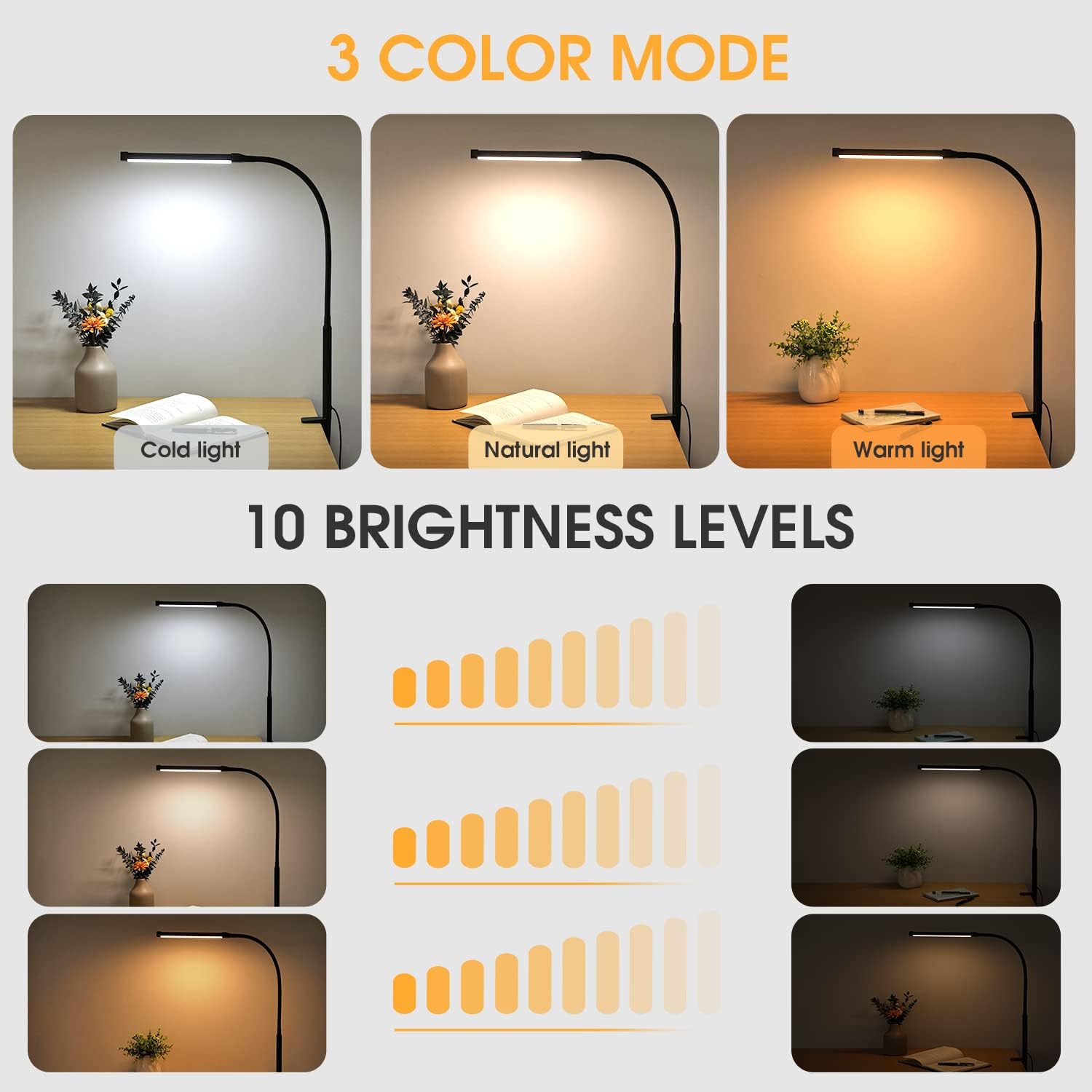 LED Desk lamp with Clamp, Eye-Caring Clip on Lights for Home Office, 3 Modes 10 Brightness, Long Flexible Gooseneck,Metal, Swing Arm Architect Task Table Lamps with USB Adapter, Black - Image 2