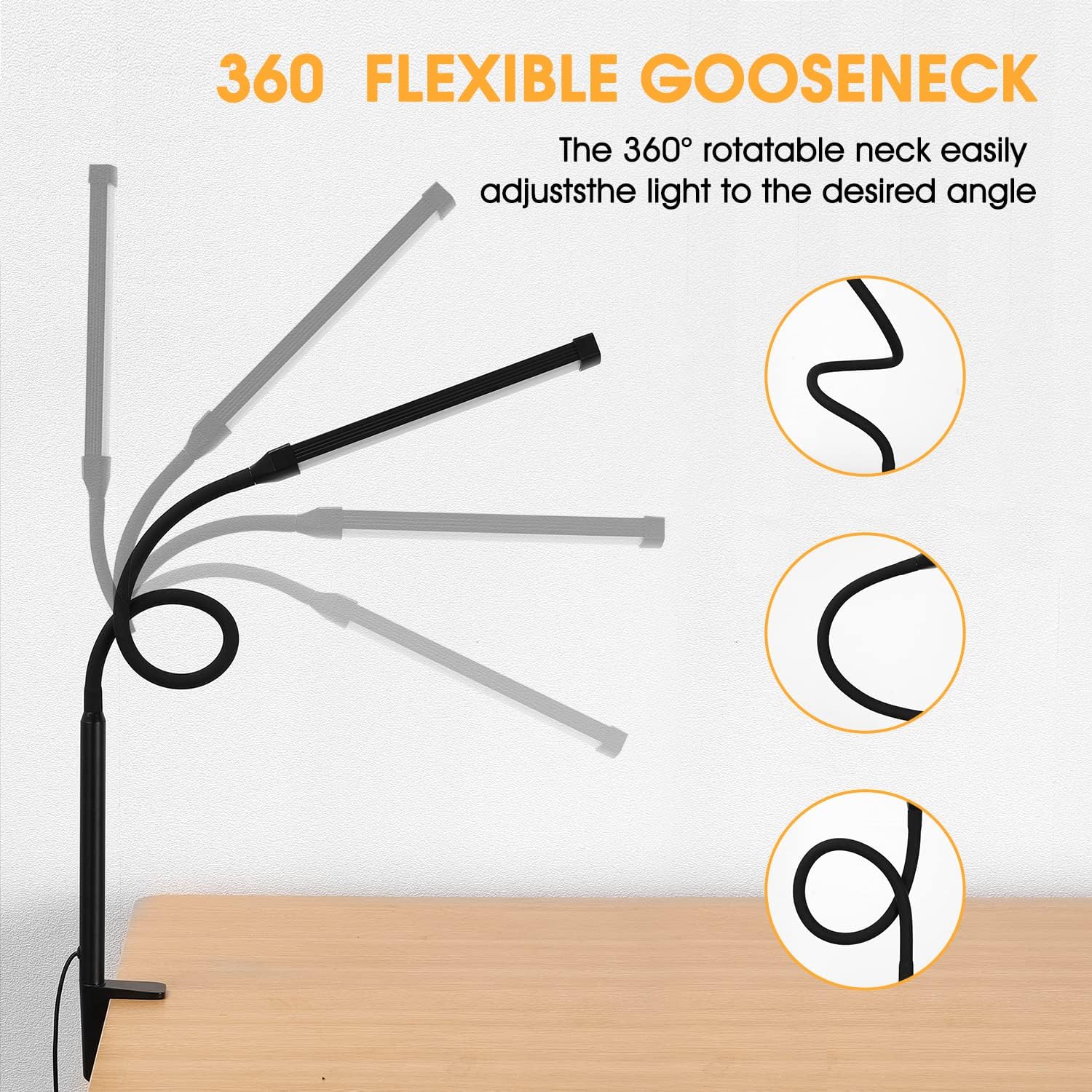 LED Desk lamp with Clamp, Eye-Caring Clip on Lights for Home Office, 3 Modes 10 Brightness, Long Flexible Gooseneck,Metal, Swing Arm Architect Task Table Lamps with USB Adapter, Black - Image 3