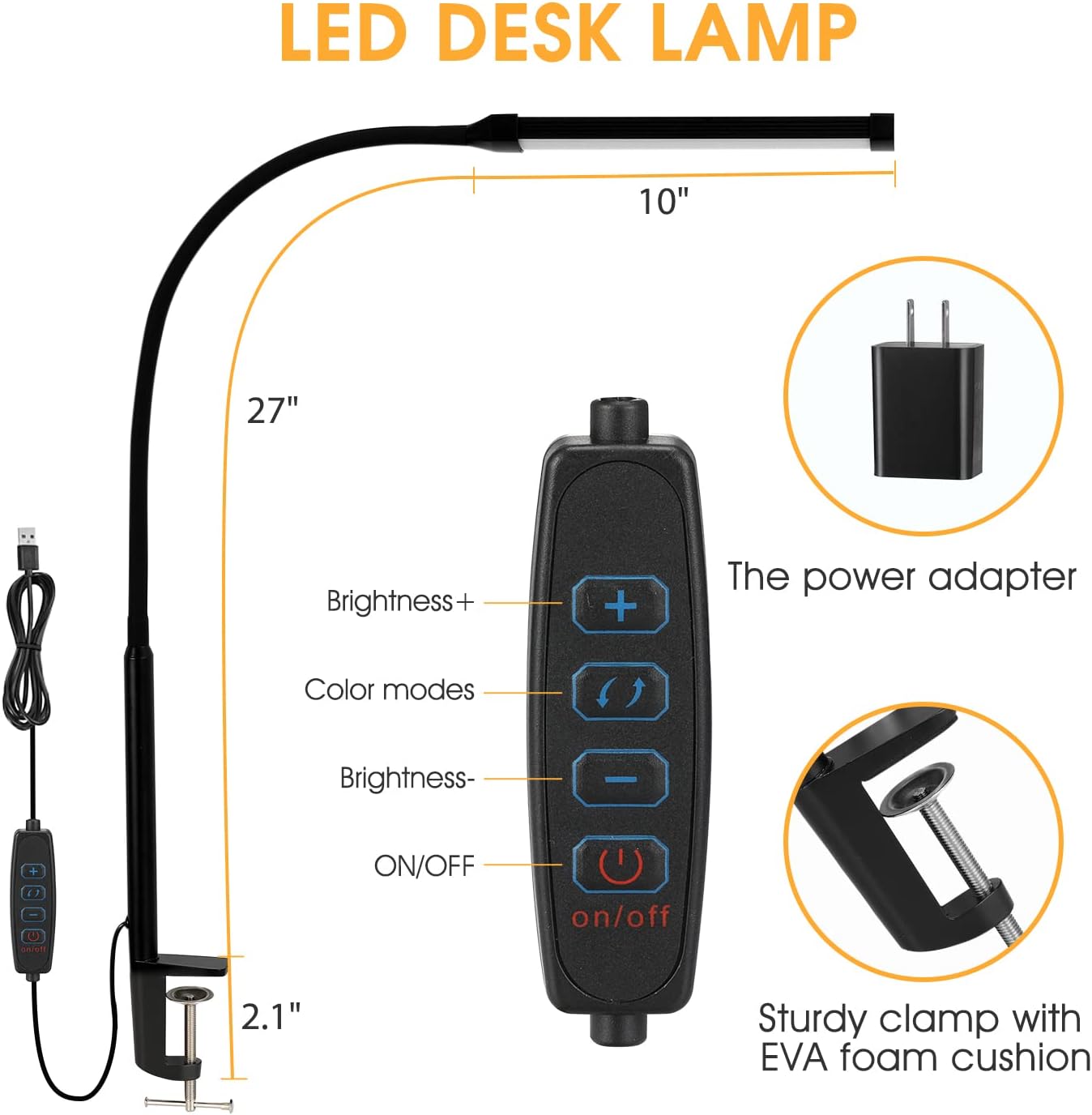 LED Desk lamp with Clamp, Eye-Caring Clip on Lights for Home Office, 3 Modes 10 Brightness, Long Flexible Gooseneck,Metal, Swing Arm Architect Task Table Lamps with USB Adapter, Black - Image 4