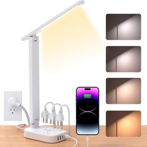 Power Strip with LED Desk Lamp, 3 Outlets 4 USB Ports(2 USBC) 4 Modes 5 Level Touch Lamp Small Desk Lamp for Home Office Bedroom Bedside, Study Reading Light, 5ft Extension Cord, Dorm Room Essentials