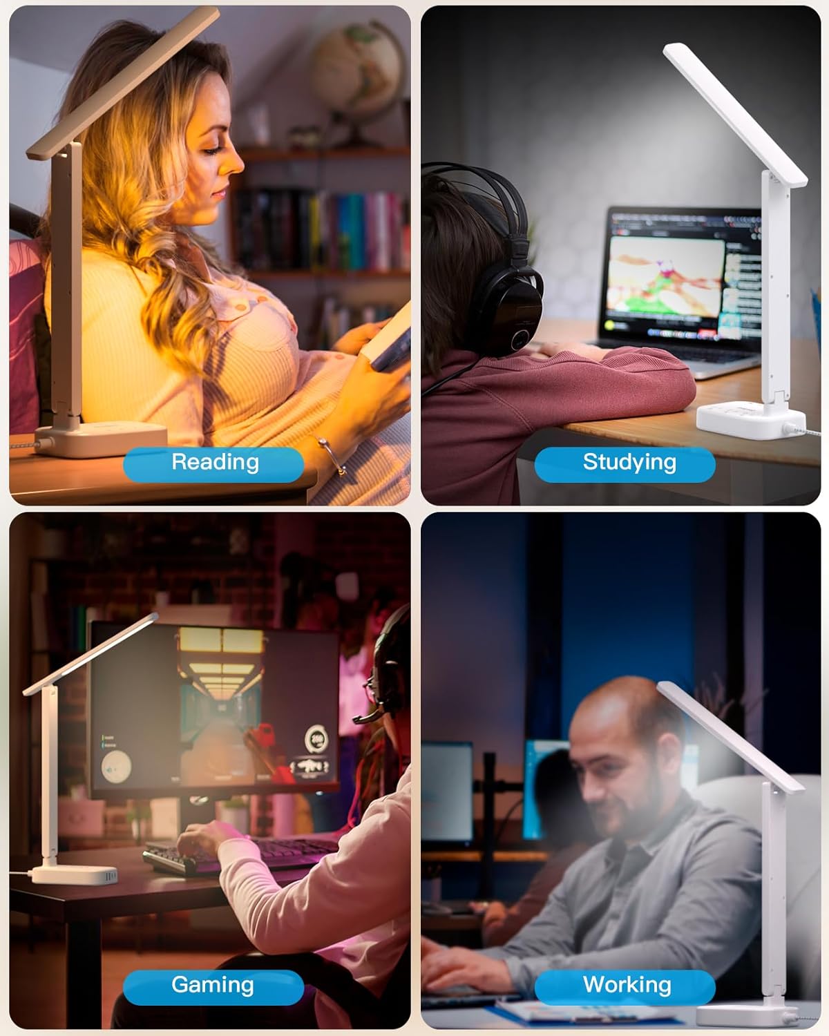 Power Strip with LED Desk Lamp, 3 Outlets 4 USB Ports(2 USBC) 4 Modes 5 Level Touch Lamp Small Desk Lamp for Home Office Bedroom Bedside, Study Reading Light, 5ft Extension Cord, Dorm Room Essentials - Image 5