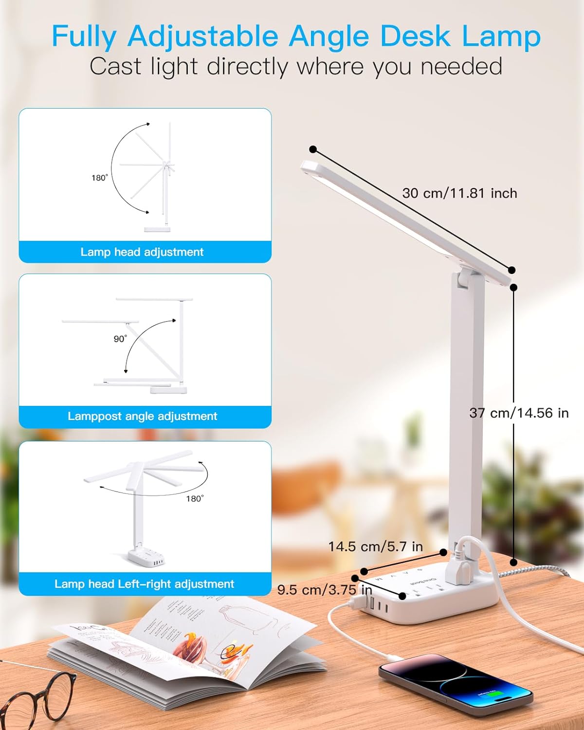 Power Strip with LED Desk Lamp, 3 Outlets 4 USB Ports(2 USBC) 4 Modes 5 Level Touch Lamp Small Desk Lamp for Home Office Bedroom Bedside, Study Reading Light, 5ft Extension Cord, Dorm Room Essentials - Image 6