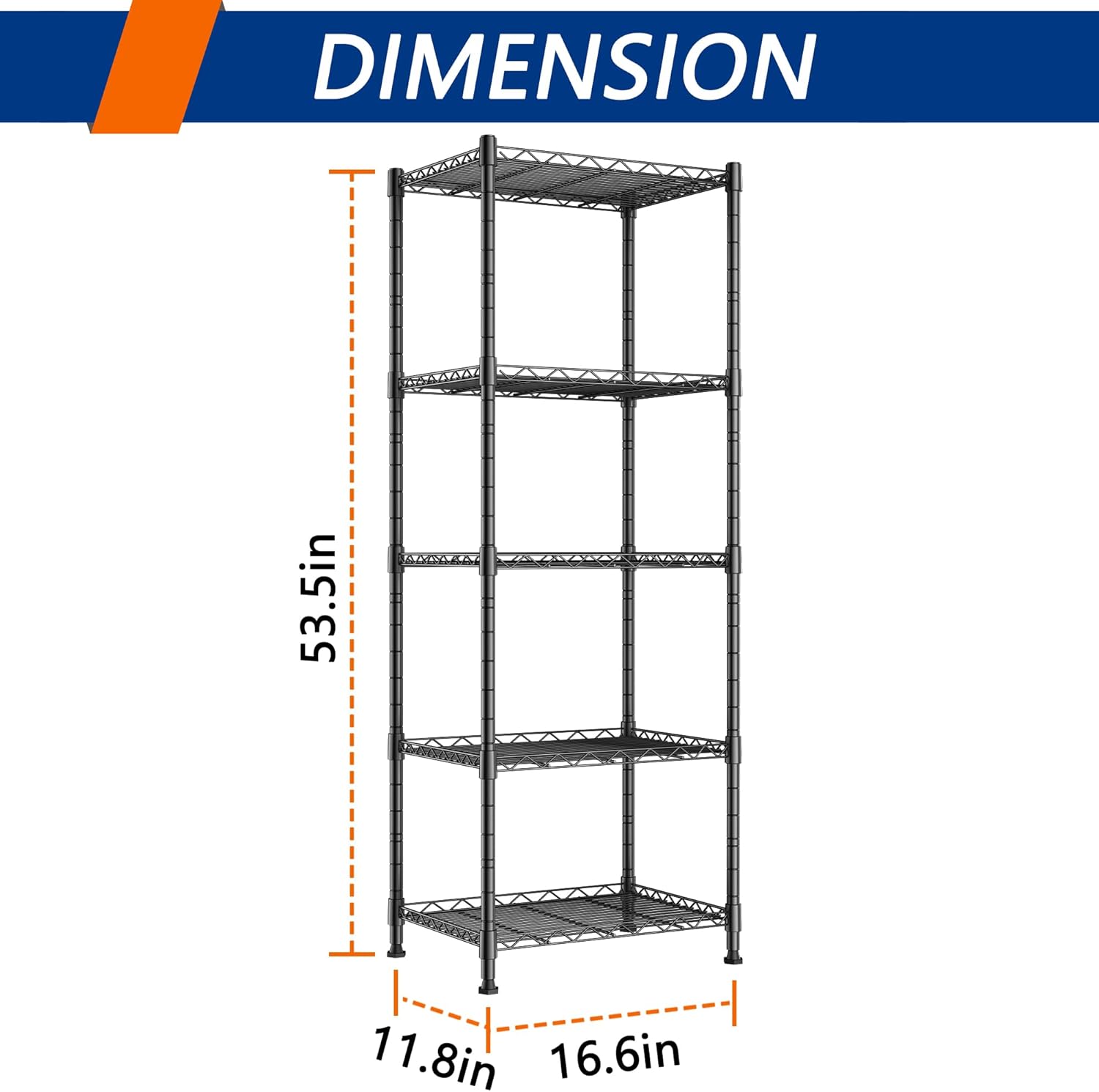 REGILLER 5-Wire Shelving Metal Storage Rack Adjustable Shelves, Standing Storage Shelf Units for Laundry Bathroom Kitchen Pantry Closet(Black, 16.6L x 11.8W x 53.5H) - Image 3