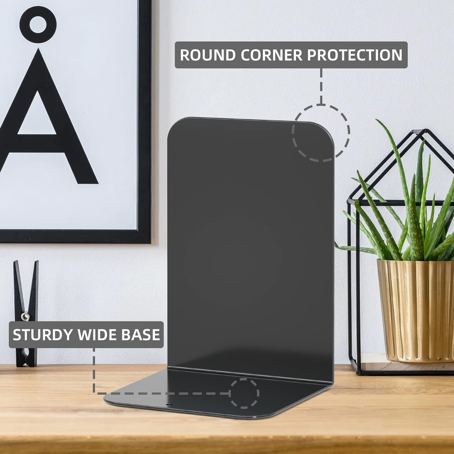 VFINE Bookends 1 Pair, Bookends for Shelves, Metal Black Book Ends for Shelves, Book Ends for Heavy Books, Book Shelf Holder for Home Office - Image 3