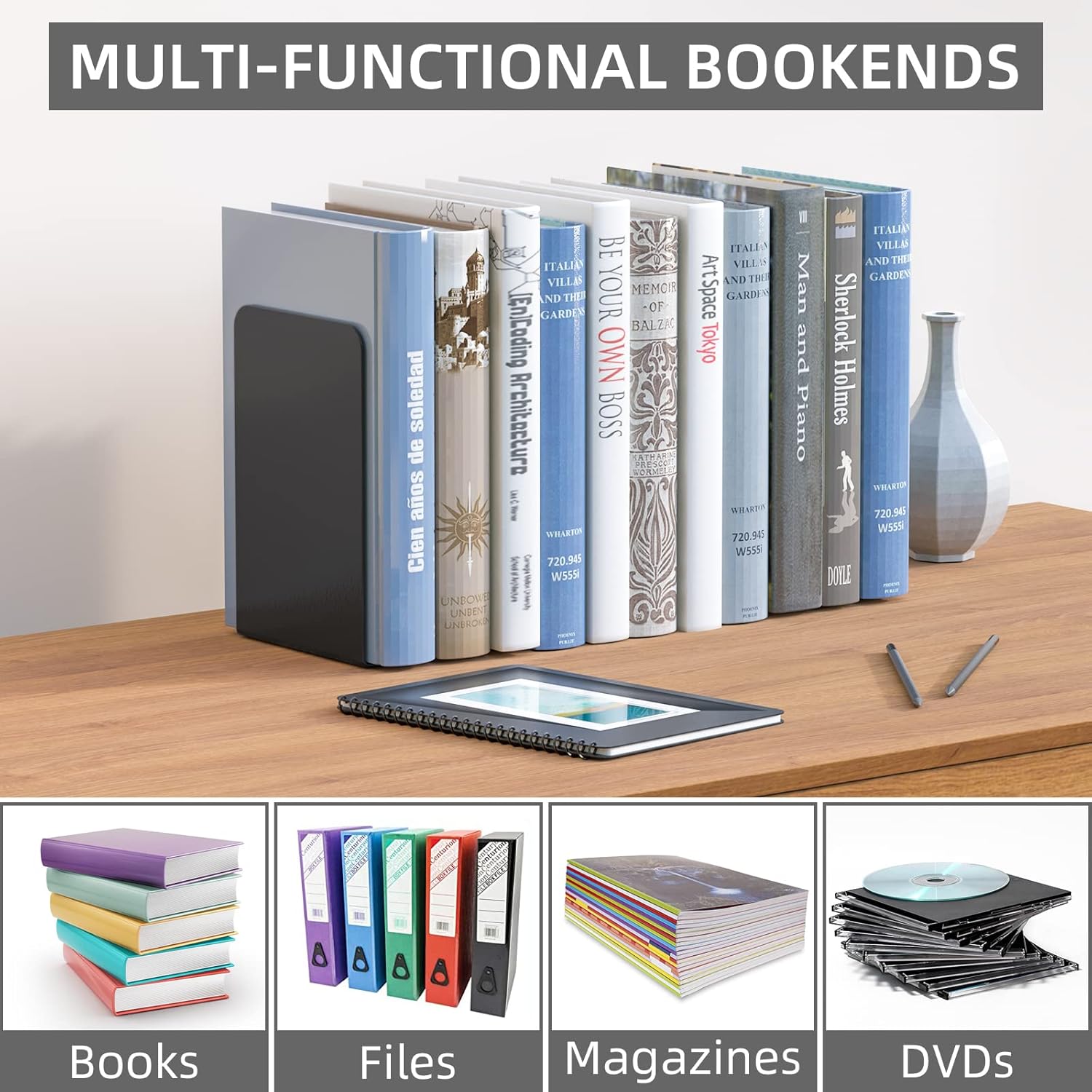 VFINE Bookends 1 Pair, Bookends for Shelves, Metal Black Book Ends for Shelves, Book Ends for Heavy Books, Book Shelf Holder for Home Office - Image 7